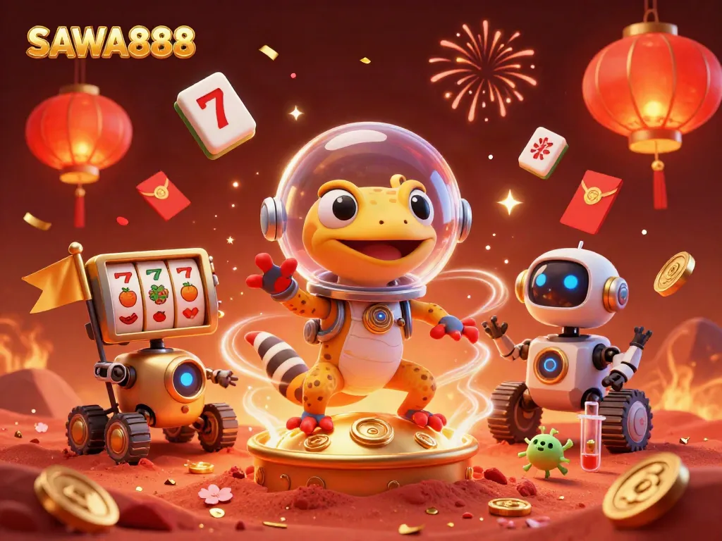 Experience exhilarating slots at SAWA888 with a Martian gecko discovering a golden casino on Mars.