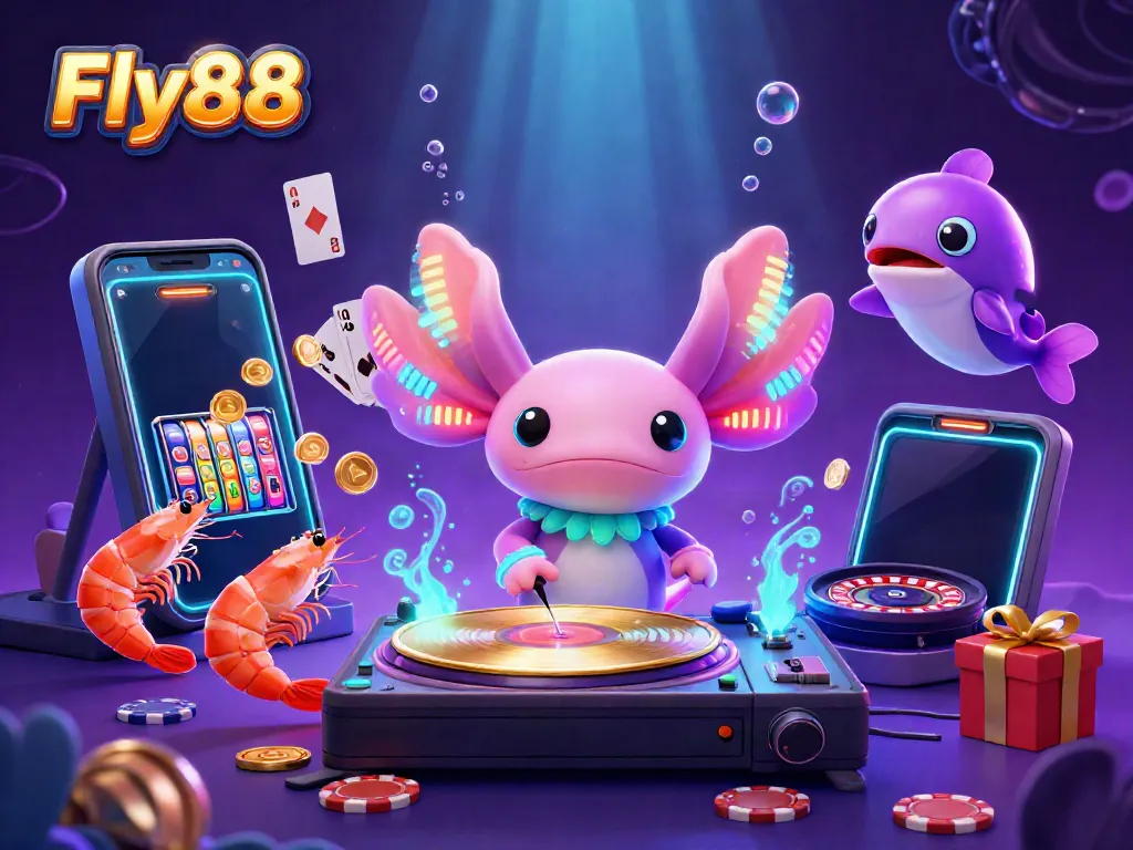 Experience the thrill of Fly88 with a vibrant 3D digital illustration showcasing a neon axolotl DJ and underwater casino elements.
