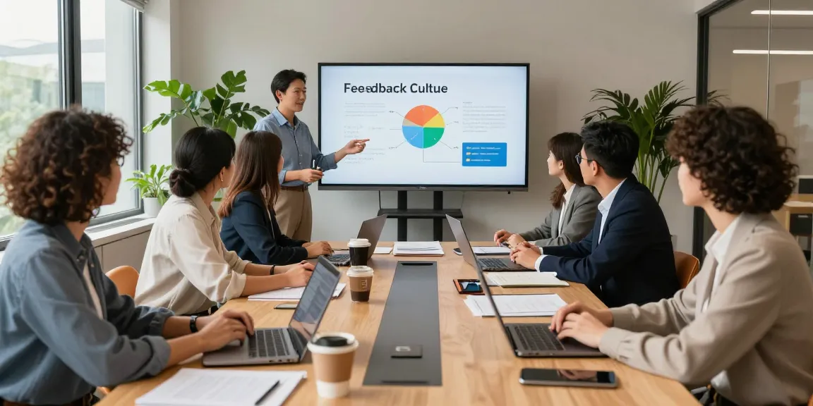 Team bespricht die Feedback Kultur Arbeit in modernem Büro, diverse Gruppe von Fachleuten.