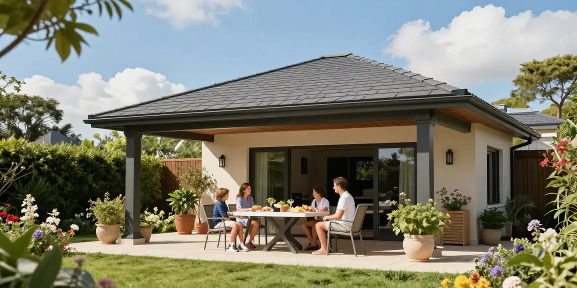 Familie entspannt unter einer eleganten freistehenden Terrassenüberdachung im Garten.