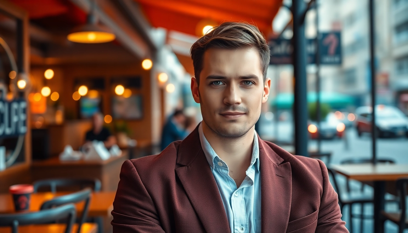 Tinder bilder eines männlichen Modells in einem urbanen Café, das Selbstbewusstsein ausstrahlt.