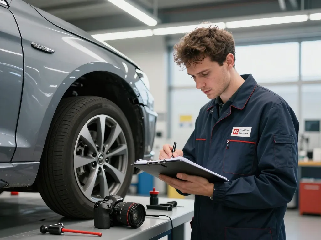 Kfz Gutachter Bonn inspiziert ein unfallbeschädigtes Fahrzeug in einem hellen Servicecenter.