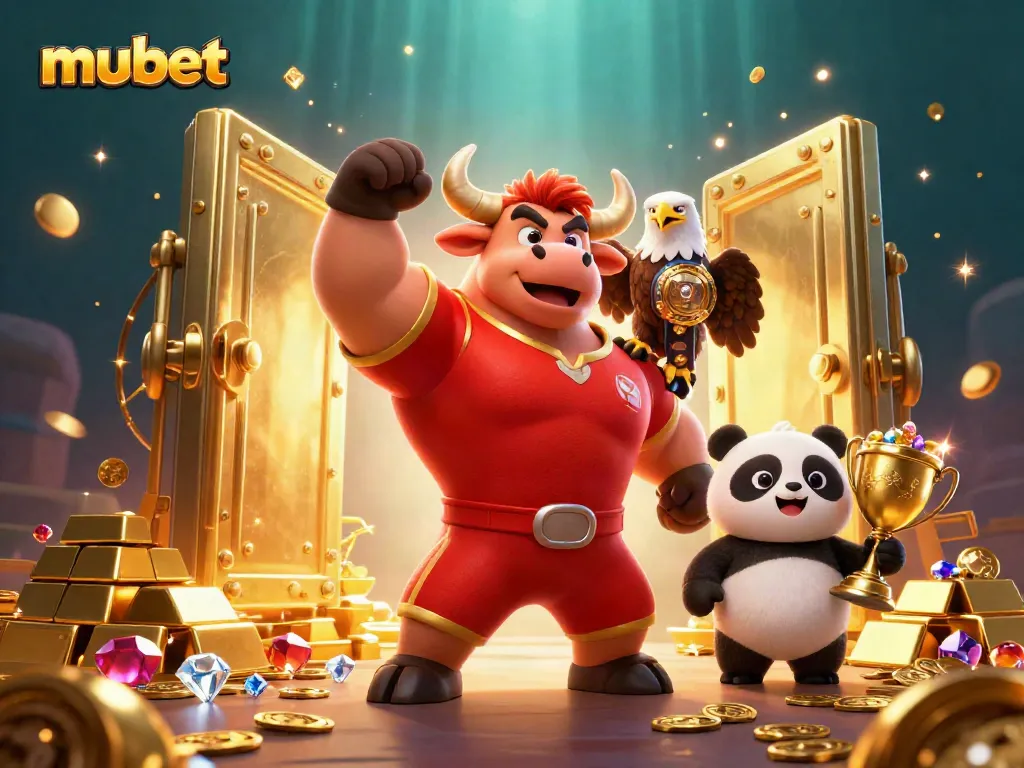 Experience exciting winnings at mubet with a victorious bull mascot, eagle, and panda celebrating wealth and fun!