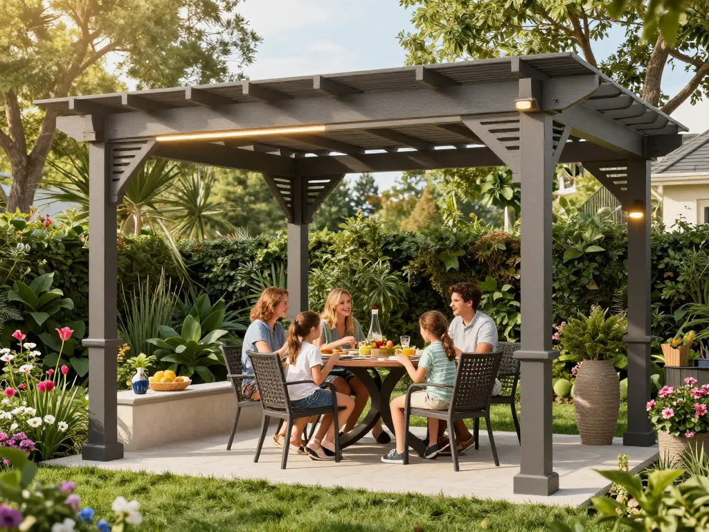 Familie, die eine anpassbare Außen-Pergola mit dem Pergola Konfigurator 3D in einer schönen Gartenumgebung genießt.