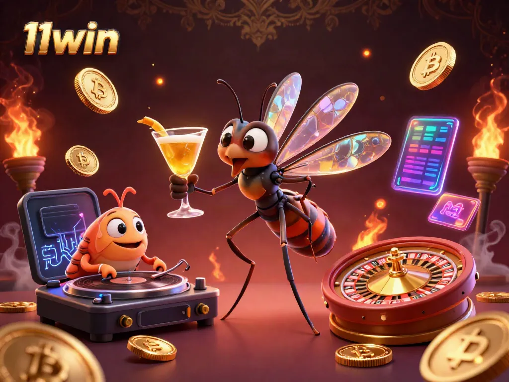 Engage with 11win's vibrant casino scene featuring animated characters and crypto elements.