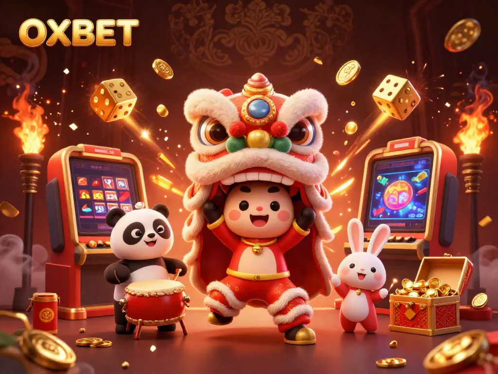 Experience the excitement at OXBET with vibrant casino-themed 3D illustration featuring a lion dance and slot machines.