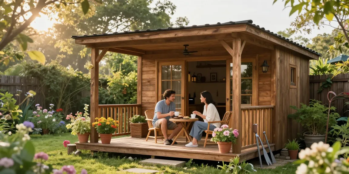 Ein stilvolles Gartenhaus Holz mit blühenden Pflanzen und gemütlicher Atmosphäre, ideal für Freizeit im Garten.