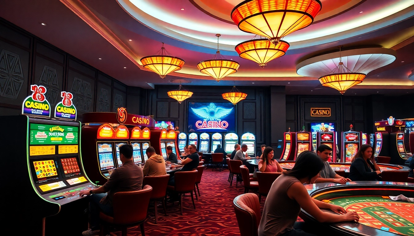 Erlebe casino bonus ohne einzahlung in einem lebhaften Casino mit bunten Slots und fröhlichen Spielern.