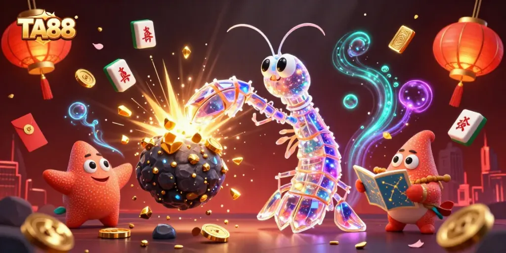 TA88 showcases vibrant and dynamic online casino adventure with a galactic samurai shrimp bursting through treasure-filled asteroids.