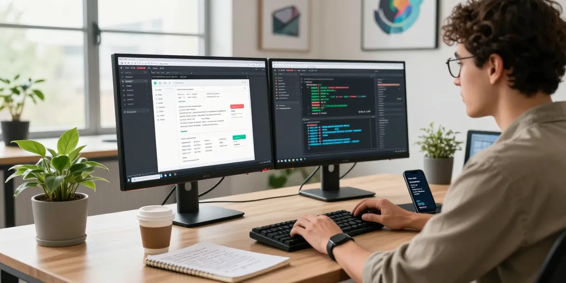 Shopware-Freelancer, der in einer modernen E-Commerce-Arbeitsumgebung mit zwei Monitoren und strategischen Notizen programmiert.