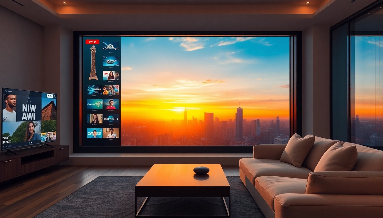 Iptv Anbieter in einem modernen Wohnzimmer mit großem TV-Bildschirm und wolkenkratzerblick.