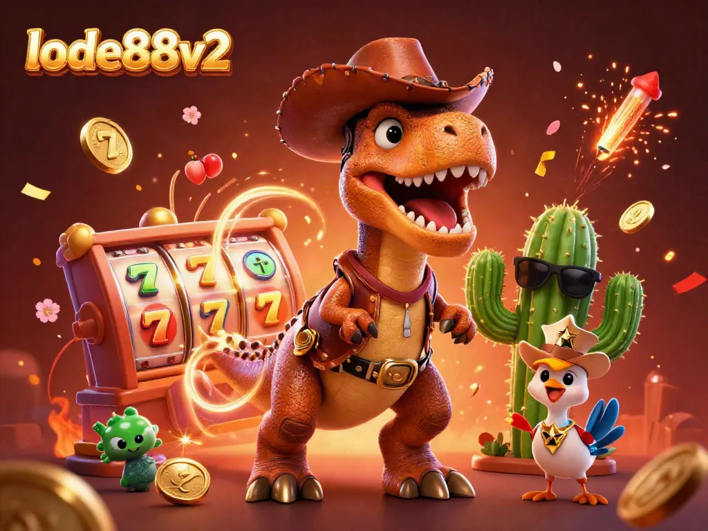 Engage in vibrant 3D action at lode88v2 with dinosaur-themed slot games, confetti, and winning symbols.
