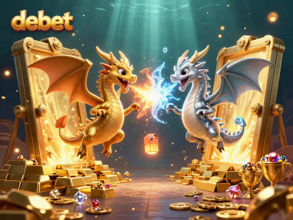Experience thrilling wins at DEBET casino featuring vibrant dragons amidst treasure and excitement.