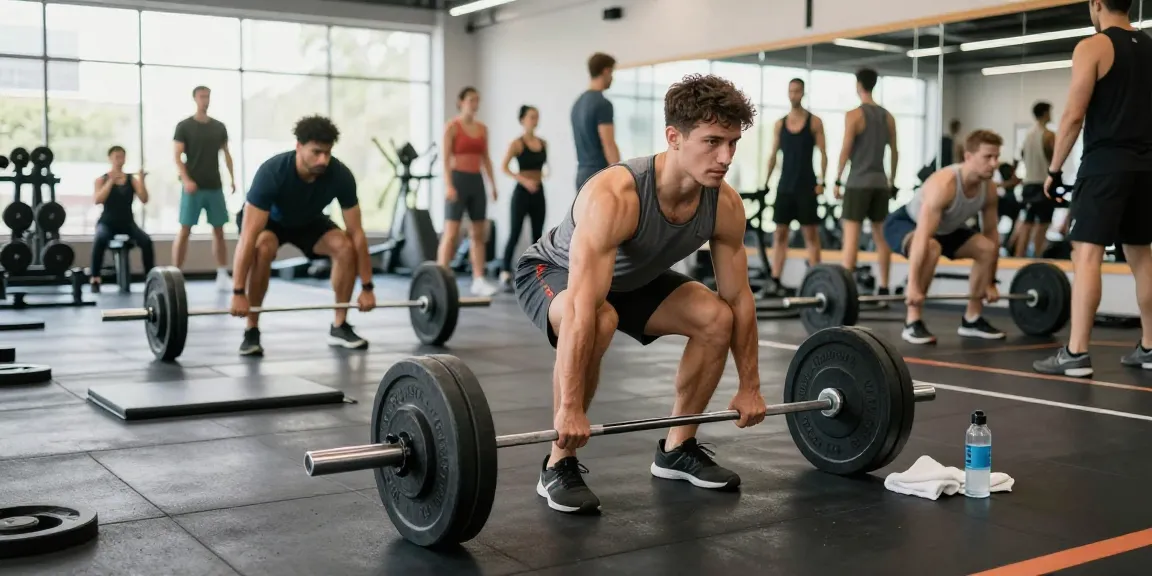 Szene im Anabolika Shop Deutschland, in der ein Sportler im modernen Fitnessstudio Kreuzheben ausführt und Engagement für Bodybuilding zeigt.