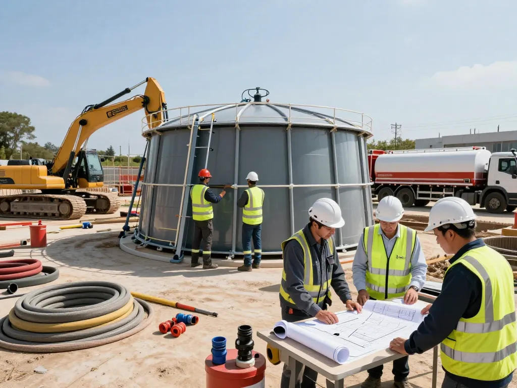 Löschwasserzisterne für Bauprojekt, präsentiert auf einer Baustelle mit Arbeitern, die für Brandsicherheit sorgen.