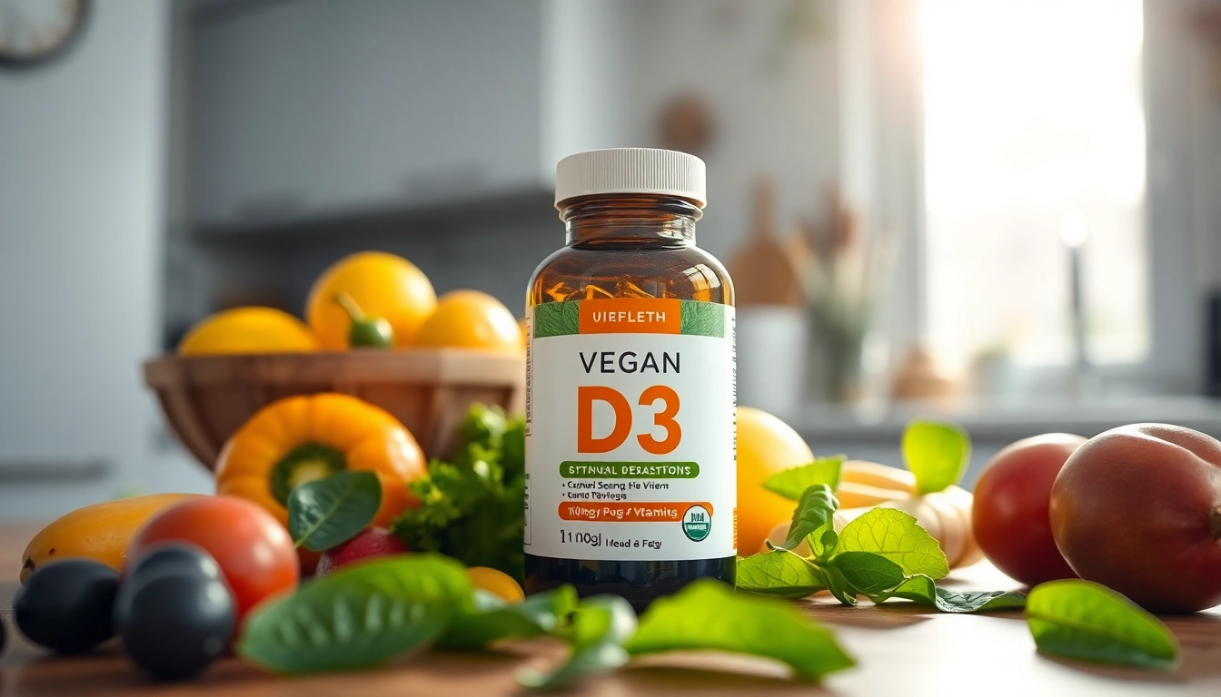 Veganes Vitamin D3 in einer sonnigen Küchenszene mit frischen Früchten und Gemüse.