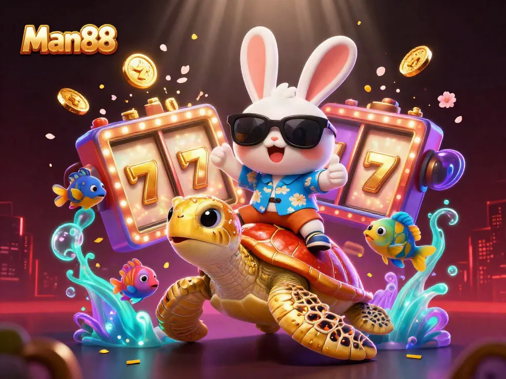 Engage with Man88's thrilling jackpot strategy featuring a lucky rabbit and golden turtle in an animated casino scene.