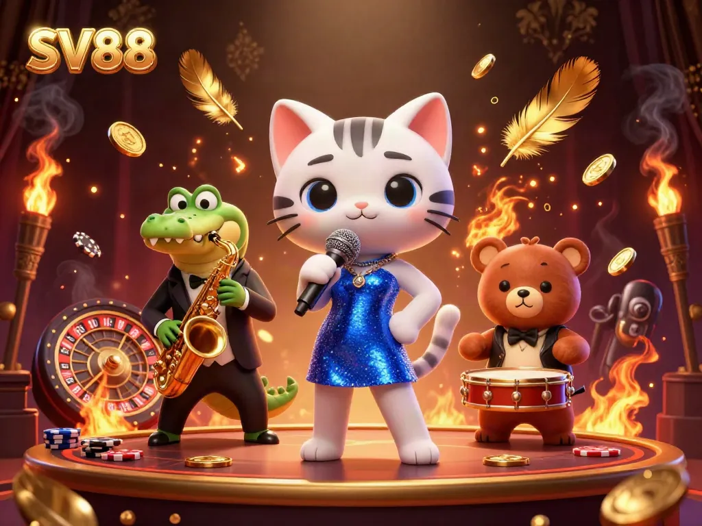 Experience the vibrant world of SV88 with vivid characters and casino elements in a dynamic illustration.
