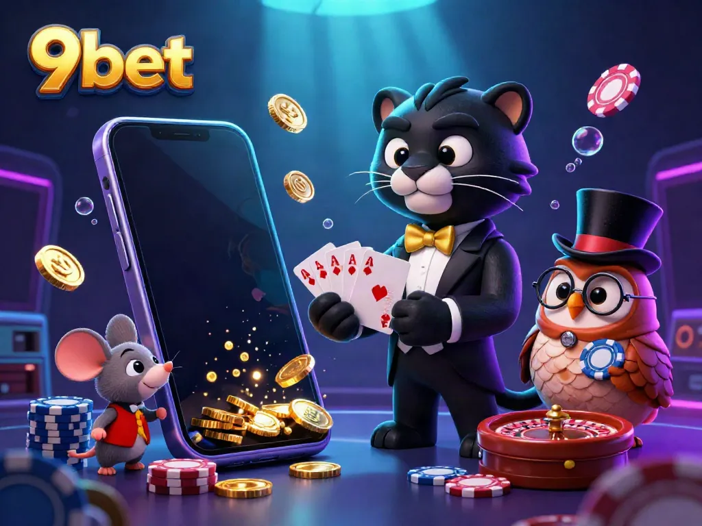 Win big at 9bet with a stylish panther dealer, poker chips, and vibrant slot games.