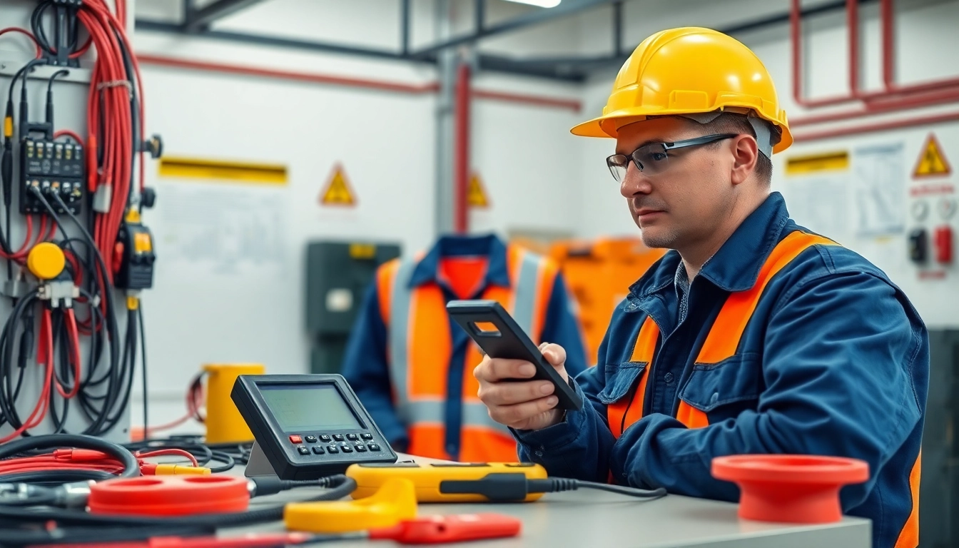 DGUV V3 Prüfung in a professional workspace with safety equipment and testing tools.