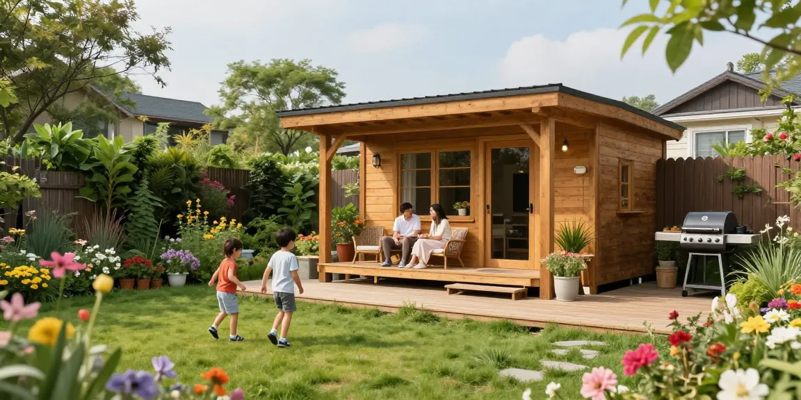 Gartenhäuser im Garten mit Familienaktivitäten und bunten Blumen.