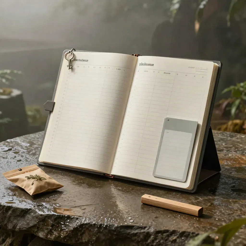 Dramatisches Jahresplan-Board mit Tabs, Zertifikathülle und Kräutersäckchen auf nassem Stein.