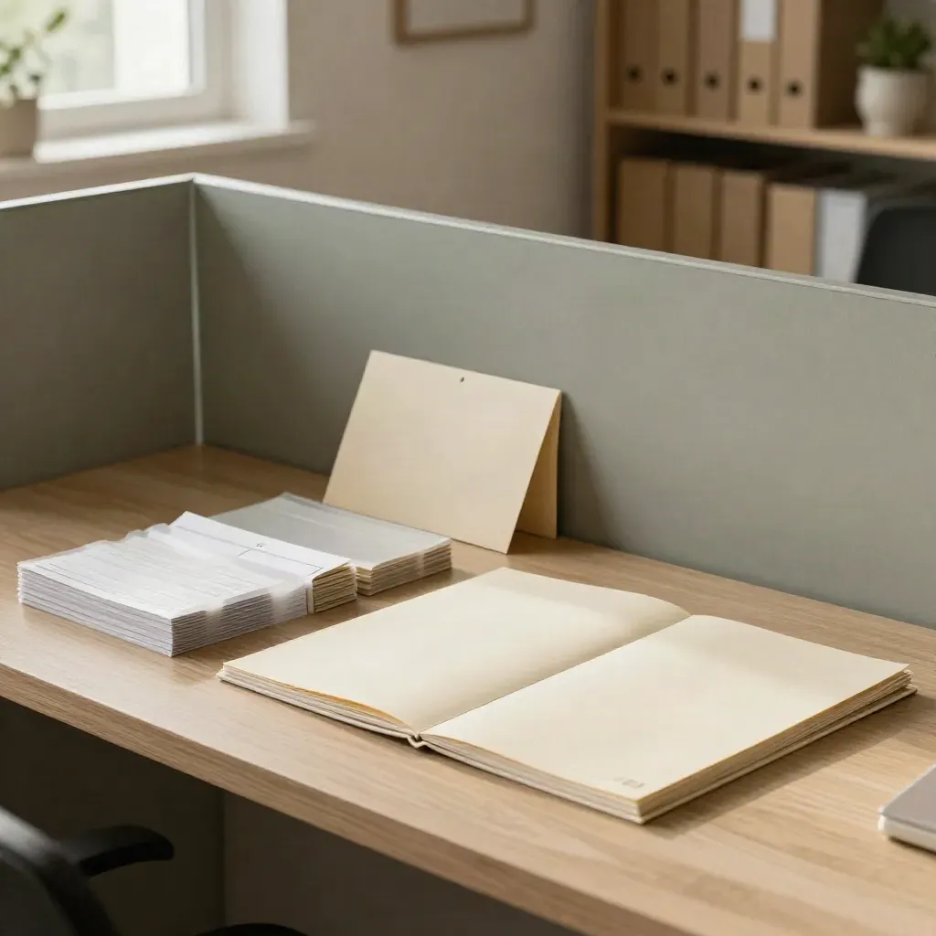 Offenes Audit-Set auf hellem Holz mit Dokumenten in einem ruhigen Bio-Büro.