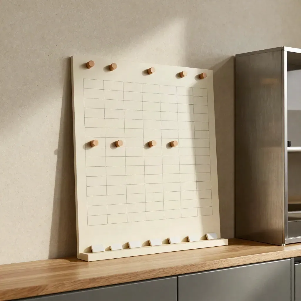 Magnetboard im Büro mit Holzmarkern und cremefarbenem Raster, warm beleuchtet