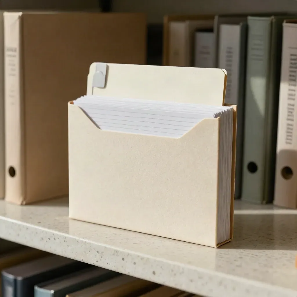 Stapelbares Kartenpaket in Creme auf Travertin mit weichem Bürolicht
