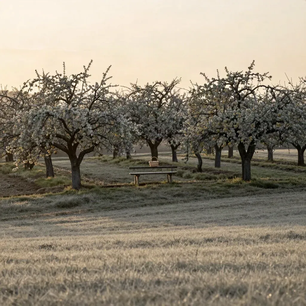 Terrassierter Obstgarten bei Abendlicht mit Holzbank und Korb über ruhigem Feldhorizont