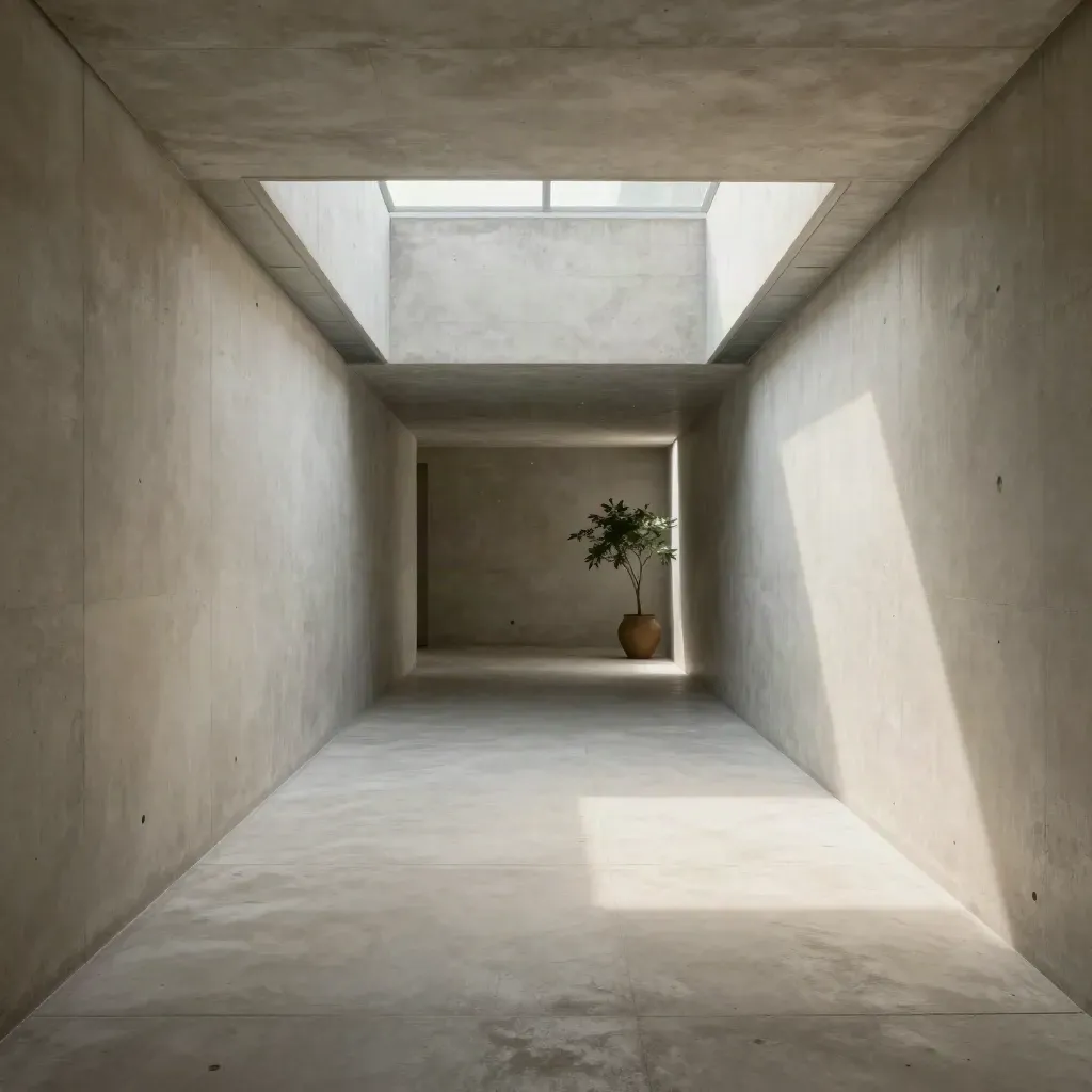 Heller Beton-Gang mit Oberlicht und einer fernen Pflanze in ruhiger Bio-Architektur