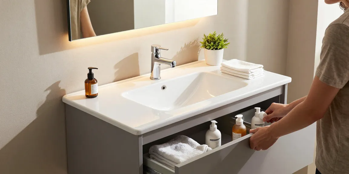 Moderne wastafelonderkast in een stijlvolle badkamer met natuurlijk licht en georganiseerde toiletartikelen.