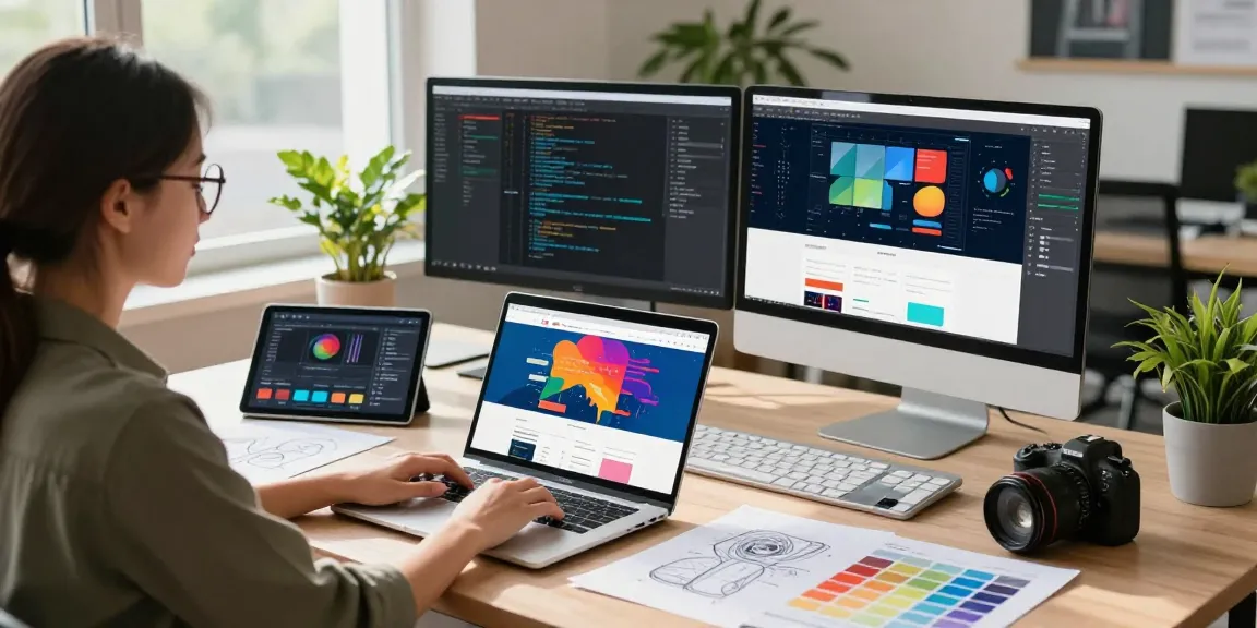 Webdesign-Freiberufler, der sich auf lebendige Website-Layouts in einem modernen Arbeitsumfeld konzentriert.