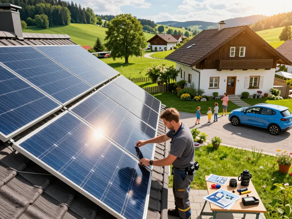 Installation von Photovoltaik Bayern mit Techniker, Familie und Solarpanels, die das Engagement für nachhaltige Energie widerspiegeln.