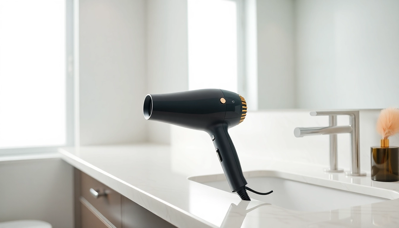 Stylish laifen föhn on a marble countertop in a modern bathroom, showcasing its elegance.