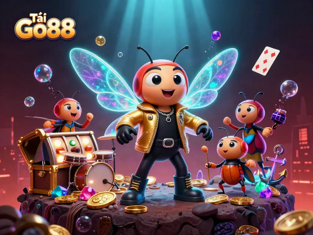 Engage with Tải Go88 through an electrifying scene of a rock star cicada and vibrant casino elements.