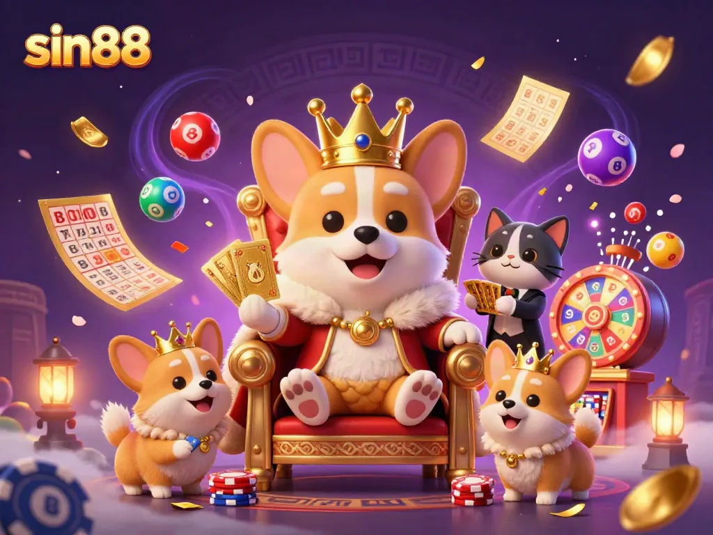 Experience thrilling gaming at sin88 with a royal corgi seated on a throne of poker chips, presenting vibrant lotto balls.