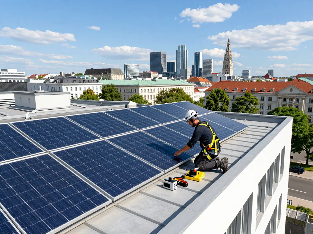 Solar Wien Techniker installiert hocheffiziente Solarpanels auf einem modernen Dach in Wien.
