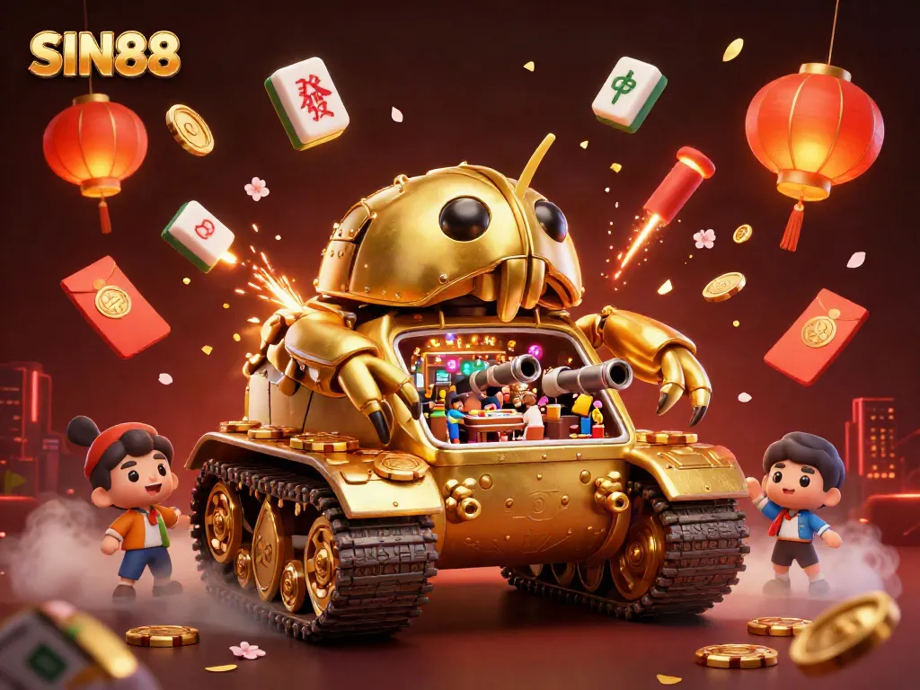 Experience the thrill of SIN88's miniature casino inside a golden beetle tank, surrounded by festive symbols.