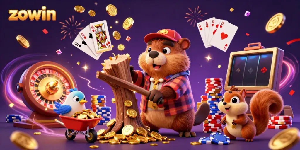 Experience the excitement of zowin with a lively scene featuring animated casino elements and characters.