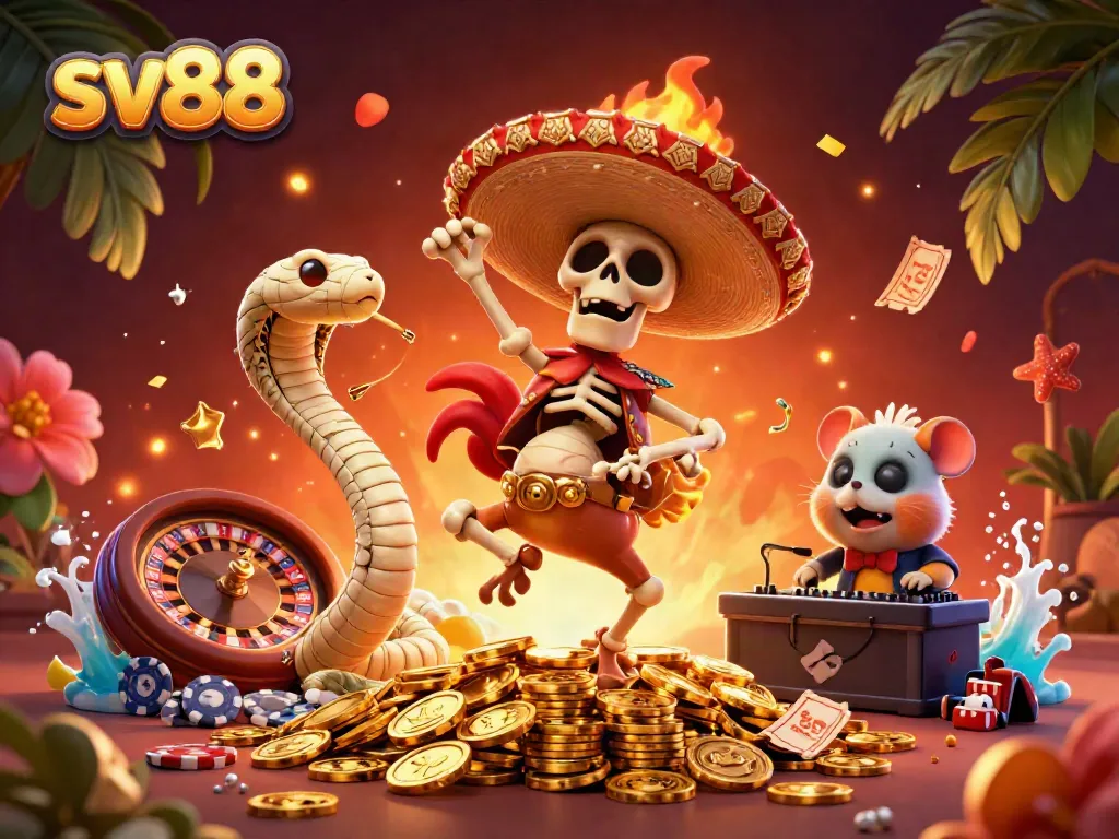 Experience the excitement of sv88 as cartoon characters celebrate on golden coins with vibrant casino elements.