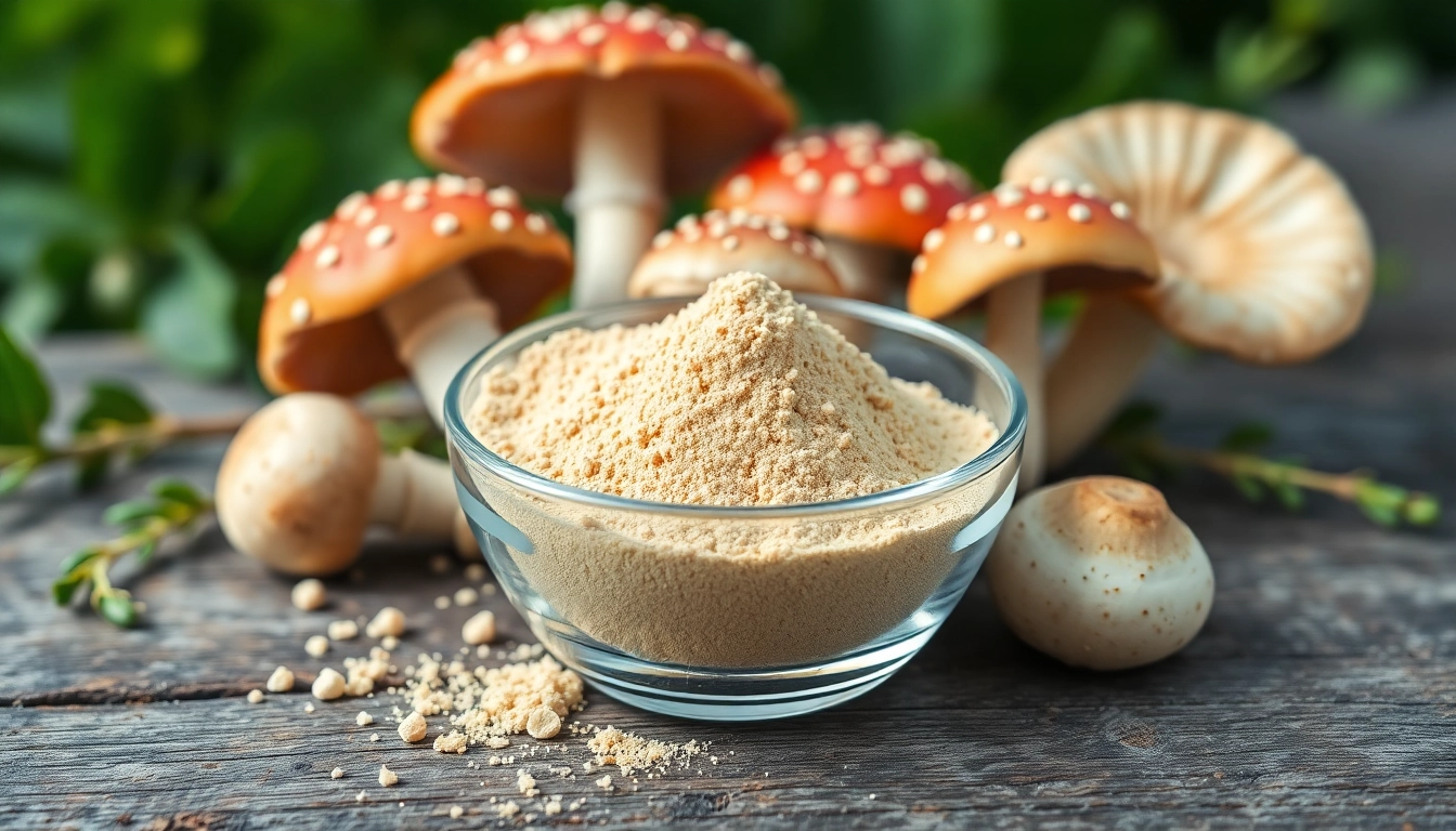 Fliegenpilz pulver in einer Schale, umgeben von frischen Amanita muscaria-Pilzen auf einem Holztisch.