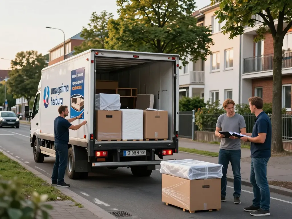 Professionelle Umzugshelfer von der Umzugsfirma Harburg packen Möbel während eines stressfreien Umzugs effizient ein.