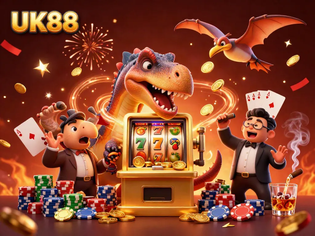 UK88 features a dinosaur headbutting a slot machine for a jackpot while a manager panics.