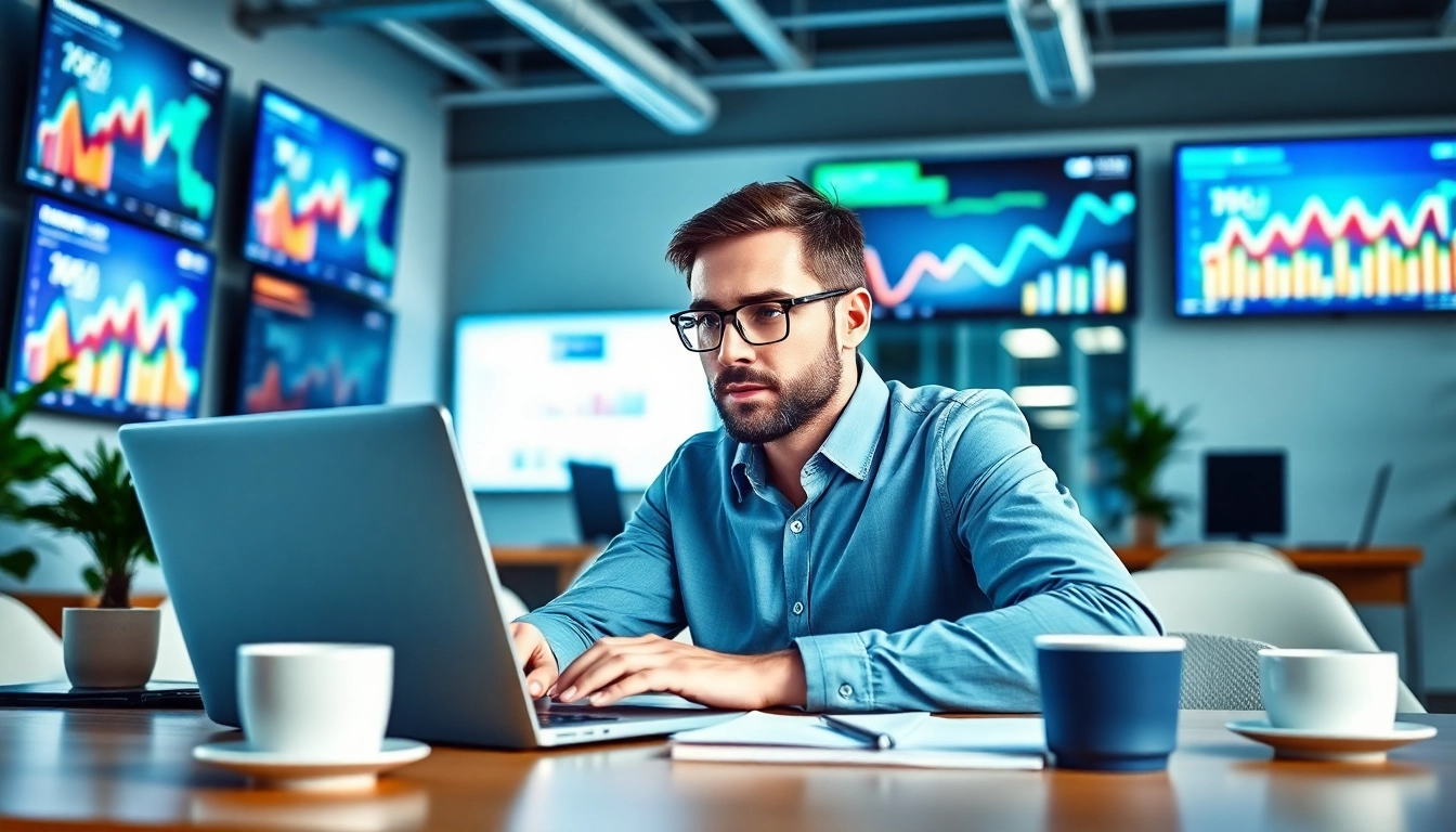 Online Marketing Strategist analyzing data in a modern office setting.