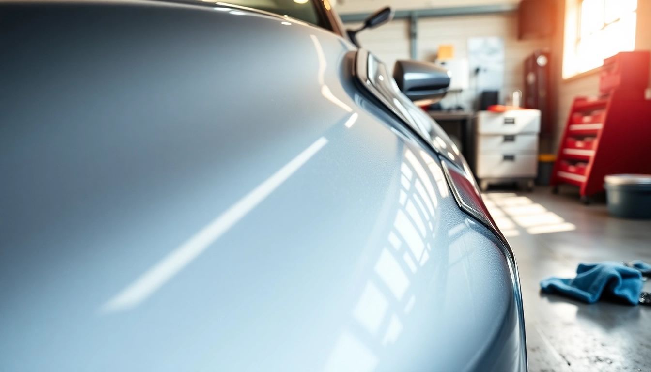 Fahrzeugaufbereitung: glänzendes Auto zeigt professionelle Pflege in einer hellen Werkstatt.