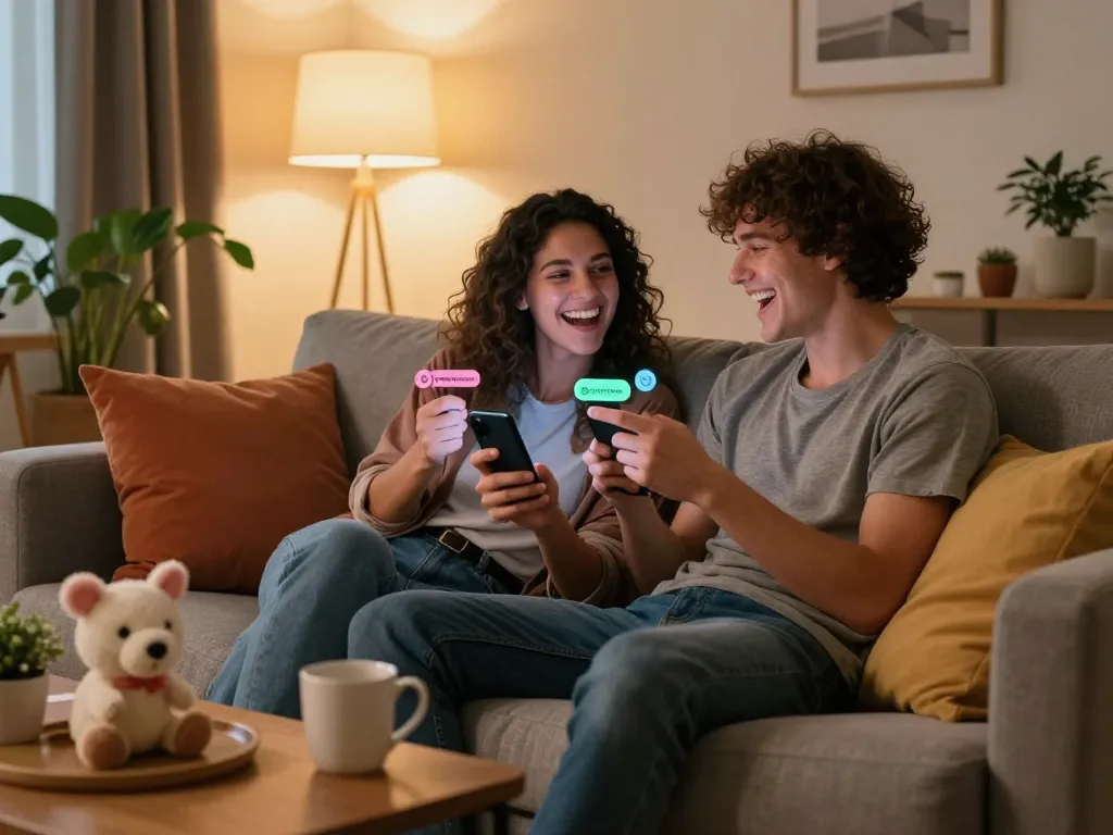 Couple engaging in sexting AI conversation on smartphone in a cozy home setting, emphasizing warmth and intimacy.