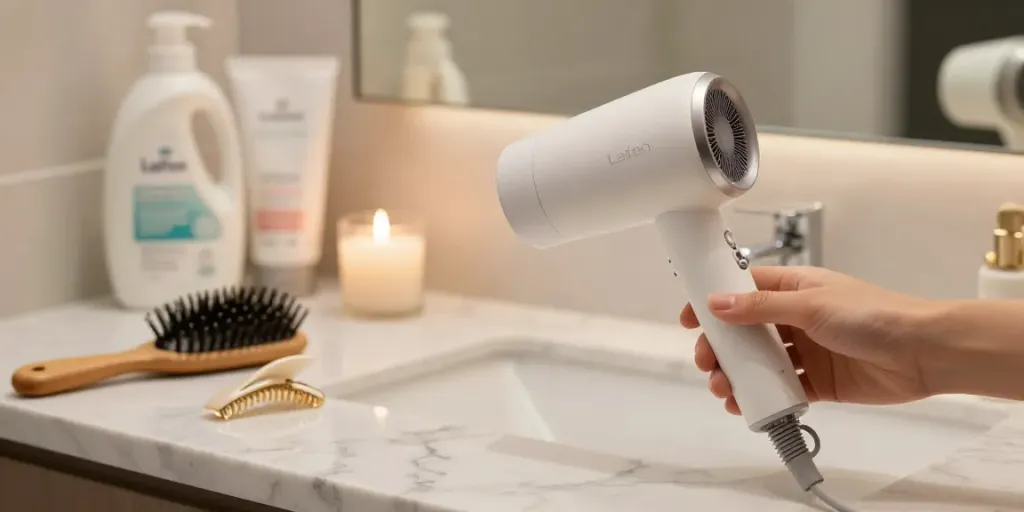 Detail of Laifen Mini haartrockner on marble counter with hair accessories and candle.