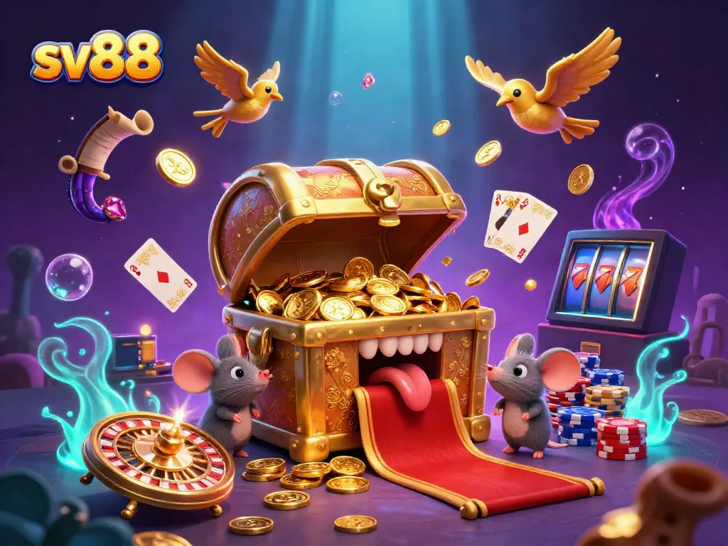 Engage with SV88's thrilling online gaming scene featuring a vibrant treasure chest and dynamic casino elements.