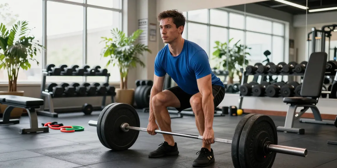 Ein athletischer Mann, der im hellen Fitnessstudio Kreuzheben ausführt und die effektive Trainingsatmosphäre bei Steroidshop demonstriert.